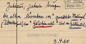 Belegzettel zu den Stichwörtern „Maunzelein”, „Gilettasche” und „Geldbeutel” (Exzerpt aus dem Münchner Stadtanzeiger vom 8.4.1960)