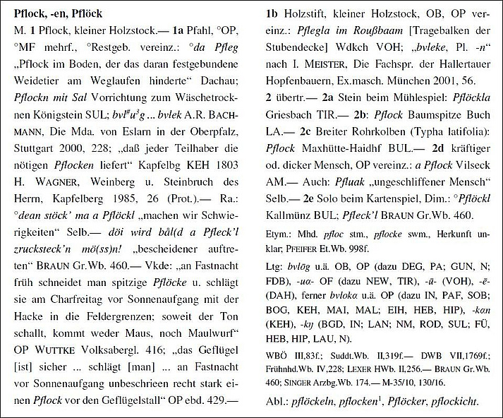 Der Artikel "Pflock, Pflocken, Pflöck" im Bayerischen Wörterbuch