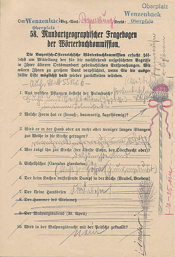 Mundartgeographischer Fragebogen von 1933 aus Wenzenbach, Landkreis Regensburg